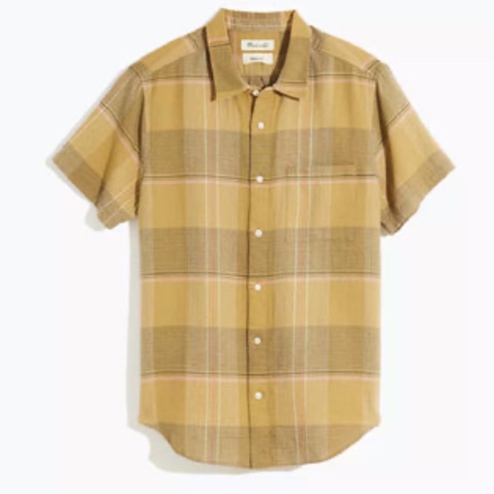 Madewell Mens Plaid Short Sleeve Button Down Shirt Olive Green Cotton Gauze L